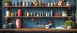 An interior design for seamstresses. Set of reels of thread, centimeters, fabric, thimbles and scissors, a seam ripper, needles for sewing, and pins on wood shelf.