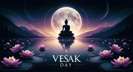 illustration for vesak day featuring the serene image of buddha meditating under the full moon surro