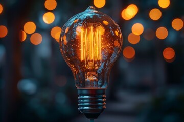 Poster - An Edison light bulb turned on, stands out in the dark with a warm glow and visible filament against a blurred background of lights