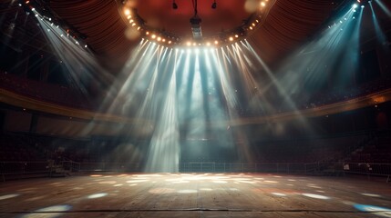 Canvas Print - Classical theater interior with dramatic stage lighting and empty red seats