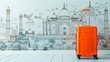 Orange suitcase in front of an illustrated travel-themed mural with iconic buildings.