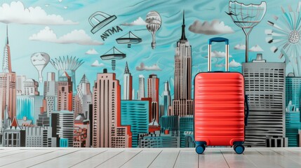 Canvas Print - Bright red suitcase before a stylized cityscape mural on a wooden floor