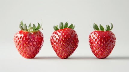 Wall Mural - Three ripe strawberries on a white background, arranged in a row.