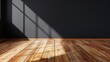 Empty room with wooden floor and patterned shadows on a gray wall