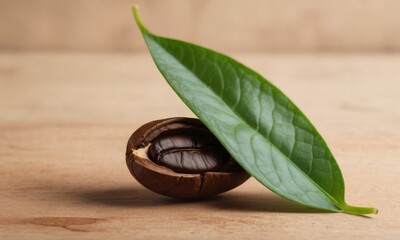 A single coffee bean resting in a nutshell, resembling a cradle, with a green leaf backdrop, evoking themes of nature and growth AI generation