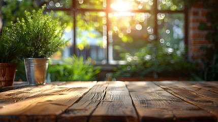 Wall Mural - serene cafe table setting with textured wood surface for product placement and natural lighting