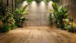 Modern indoor space with plants, wooden slats, and a concrete wall