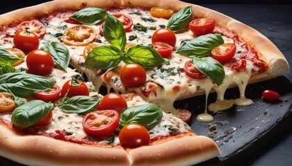 Wall Mural - An appetizing whole pizza topped with melted cheese, fresh basil leaves, and cherry tomatoes sits on a dark surface, ready for serving. AI generation