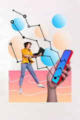 Sticker - Vertical creative abstract collage young shocked business woman trader earn money graphic growth ambition work laptop smartphone