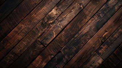 Sticker - Close-up of dark stained wooden planks with rustic, charred texture.