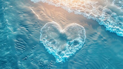 Wall Mural - Heart-shaped sea foam on the ocean surface with sparkling sunlight