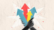 © Lustre Art Group  - Poster. Contemporary art collage. Black and white hands holding bunch of colorful arrows pointing up against textured background. Concept of business, human resources, charts, research.