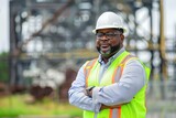 Fototapeta  - Professional black engineer assessing structural elements bringing expertise and insight to the forefront
