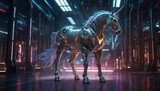 Fototapeta  - Within a futuristic laboratory filled with pulsating lights and intricate machinery, a genetically-enhanced unicorn stands as the central focus.