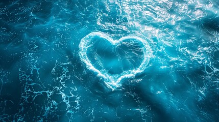 Poster - A glowing heart shape made of light in dark blue water, creating a magical scene