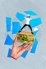 Sticker - Collage artwork graphics picture of funny chef cooking big huge hamburger isolated painting background