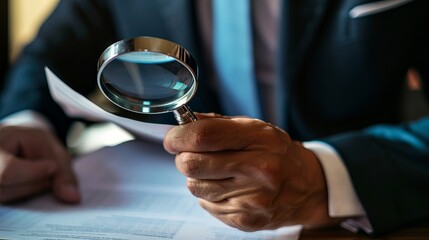 Business analytics and statistics are explored by a businessman using a magnifying glass, suggesting a deep dive into data and reports