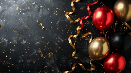 Festive balloons with gold confetti and curling ribbons on dark background