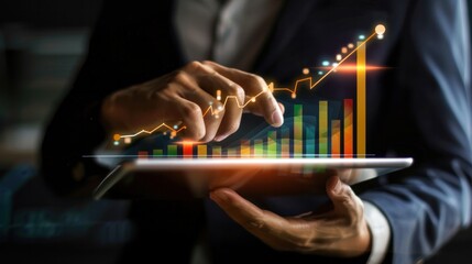 business strategy Businessman holds a tablet and shows a holographic graph and stock market statistics, earning profits. Growth planning and business strategy