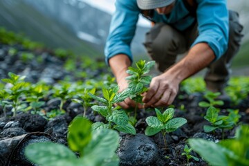 Wall Mural - A dedicated farmer nurtures young plants in the field, emphasizing growth, agriculture, and connection to earth and nature