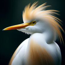 Close Up Of A Egret With His Face Beautiful Eye And Mouth With Curly Hair. Cattle Egret. Cattle Egret Bird. Egret. Egret Bird. Bubulcus Ibis. Great Egret.  Egret Face. Egret Mouth. Egret Eye. Ardeidae