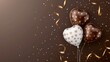 Heart-shaped balloons with golden confetti on a brown background
