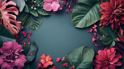 Canvas Print - Lush tropical leaves and flowers border with a dark teal background