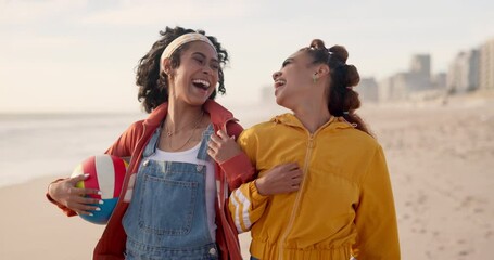 Canvas Print - Women, beach and laughter with romance, date and joy for happiness and love with fun. LGBT couple, nature and los angeles ocean with summer journey and freedom or adventure for lesbian relationship