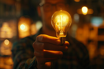 Wall Mural - a man holding a light bulb in his hand