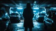 Car Theft in an Abandoned Parking Structure with blue light and shadow figure