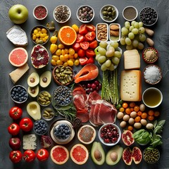  Food mood board, variety of textures and colors, top view, crystal clear detail, natural light , 8K , high-resolution, ultra HD,up32K HD