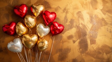 Heart-shaped balloons in red, gold, and silver on a textured golden background