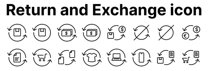 This set of linear icons presents various aspects of finance and the exchange of goods or currency. A round arrow indicates an exchange or return.