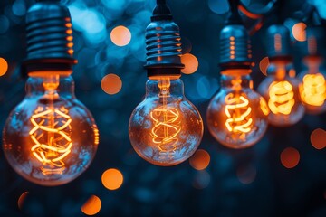 Poster - An array of vintage-style Edison light bulbs glow with an inviting, warm light against a mesmerizing blue bokeh background