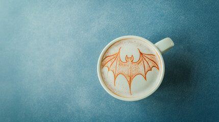 Wall Mural - Cappuccino cup with latte art depicting flying bat