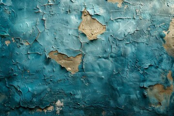 Poster - Texture-focused image highlighting the cracked and peeling turquoise paint on an old wall