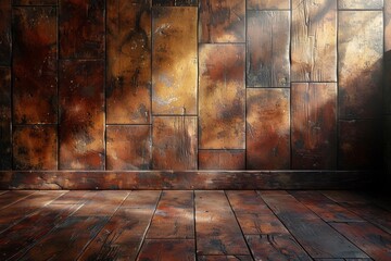 Poster - The rich texture and varying tones of a vintage wooden floor and wall provide a warm, rustic and authentic aesthetics