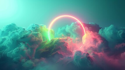 Wall Mural - 3D render of a colorful cloud with glowing neon in the shape of a torus