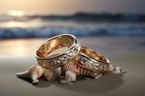 Fototapeta Sport - Close up image mocking up of an elegant gold and silver wedding ring, shining under sunlight, on sand branches and sea wave of tropical background. Generative AI.