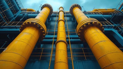 Wall Mural - Industrial harmony: Yellow pipelines and valves against a calm blue sky