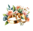Wedding gold rings and flowers. Watercolor illustration isolated on transparent background