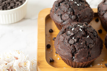 Wall Mural - Dark chocolate chip muffins with cocoa and bananas on wooden plate. Healthy sweet vegan dessert or snack. Close-up.