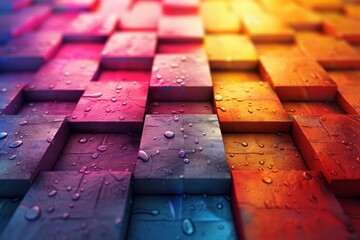 Poster - An artistic close-up of 3D blocks with a gradient from warm to cool colors showcasing water drops on the texture
