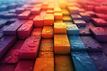 Poster - A vibrant array of 3D blocks in red, orange, yellow, green, blue, indigo, and violet hues with water droplets adding a refreshing texture