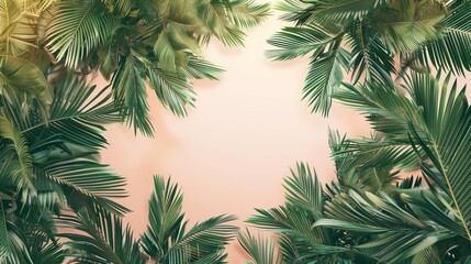 Poster - Vibrant frame of lush tropical palm leaves with pastel pink background