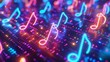 A 3D render of glowing neon music notes against a background of random color