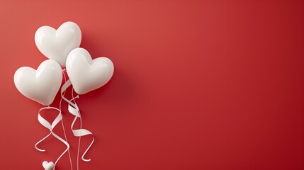 White heart-shaped balloons with ribbons on a red background