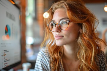 Poster - An office workspace scene with a woman with curly hair deeply focused on content displayed on a computer screen