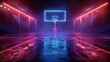 An electrifying 3D render of glowing neon basketball court on a black background