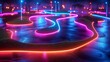 An exhilarating 3D render of glowing neon golf course on a black background